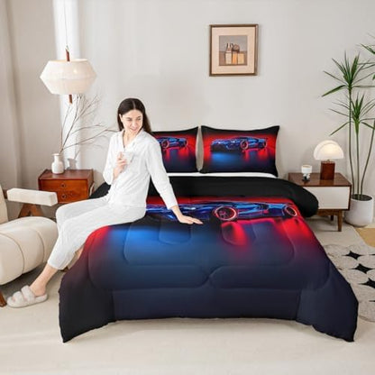 Erosebridal Kid Comforter Set - King Size,Racing Car Bedding Set for Boys & Girls,Blue Race Cars Quilt Bed Set with 1 Comforter 2 Pillowcases,Black Red & Blue,Breathable and Soft