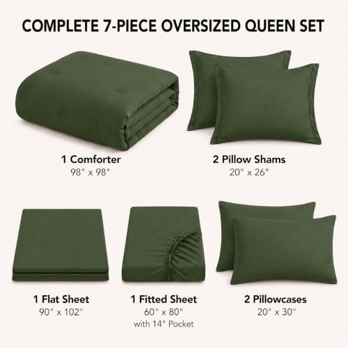HIMEET Oversized Queen Comforter Sets, 7-Piece Point-Quilted, Olive Green