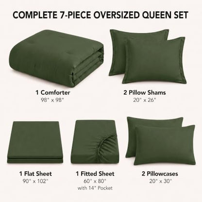 HIMEET Oversized Queen Comforter Sets, 7-Piece Point-Quilted, Olive Green