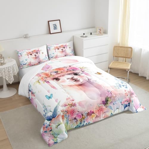 Feelyou Cute Llama Comforter Set King Size Kids Cartoon Animal Comforter for Boys Girls Teens Flower Floral Print Bedding Set Farm Zoo Garden Theme Duvet Set Room Decor Quilt Set