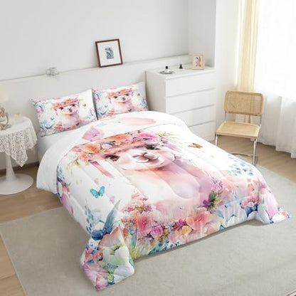 Feelyou Cute Llama Comforter Set King Size Kids Cartoon Animal Comforter for Boys Girls Teens Flower Floral Print Bedding Set Farm Zoo Garden Theme Duvet Set Room Decor Quilt Set