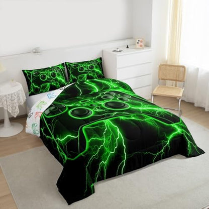 Erosebridal Gamer Comforter Set Gaming King Bedding Set, Video Game Console Comforter Green Lightning Duvet Insert,Boys Bedroom Decor