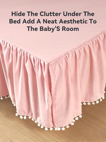TILLYOU Baby Crib Skirt Girls Boys, Ruffled Bed Skirt with Pompoms, 28”x 52”, 14'' Drop, Pink