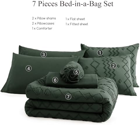 King Size Comforter Set Dark Green Tufted Boho Geometric Bedding 7 Pieces