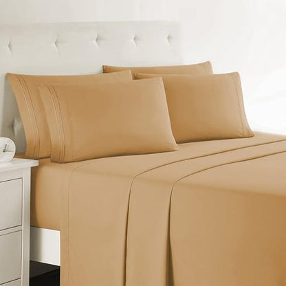Clara Clark Full Sheets, 6 Piece Set - Hotel Luxury Bed Sheets, Super Soft Bedding Set, Full Size, Camel Gold