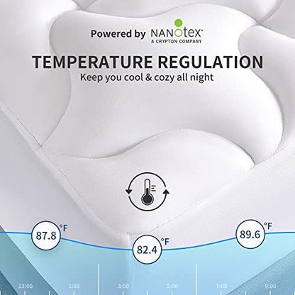 SLEEP ZONE Cooling Mattress Topper Queen Mattress Pad, Quilted Fitted Mattress Cover, Machine Washable, Soft Fluffy Down Alternative, Deep Pocket 8~21 inch (White, Queen)