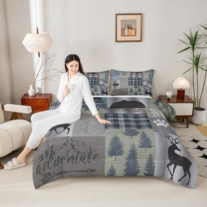 Castle Fairy Grey Green Happy Camping Comforter Set Twin,Geometric Plaid Patchwork Quilt Set Traveling RV Decor,Pine Bear Deer Animal Bedding Rustic Farmhouse Bedspread,1 Pillowcase, Brown Wooden 02