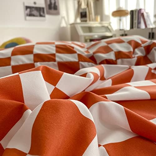 Wellboo Orange White Plaid Comforter Sets Queen Women Girls Light Red Checkerboard Bedding Comforters Cotton Rust Caramel and White Checkered Geometric Quilts Adults Modern Grid Abstract Simple Bed