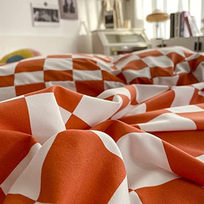 Wellboo Orange Plaid Comforter Sets King Size Women Girls Light Red Checkerboard Bedding Comforters Cotton Rust Caramel and White Checkered Geometric Quilts Adults Modern Buffalo Grid Abstract Bed
