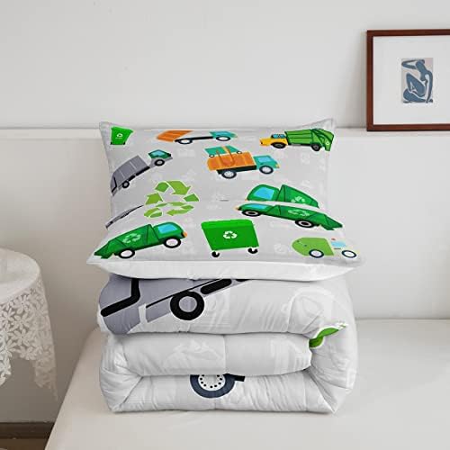 Feelyou Green Garbage Truck Bedding Set - Cartoon Trash Truck Comforter Set for Kids Boys Girls Teens - Green Vehicle Car Comforter Duvet Set with 1 Pillow Case