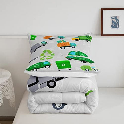 Feelyou Green Garbage Truck Bedding Set - Cartoon Trash Truck Comforter Set for Kids Boys Girls Teens - Green Vehicle Car Comforter Duvet Set with 1 Pillow Case