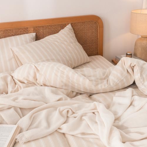 BESTOUCH Striped Cotton Duvet Cover Set Linen Feel Super King Plus