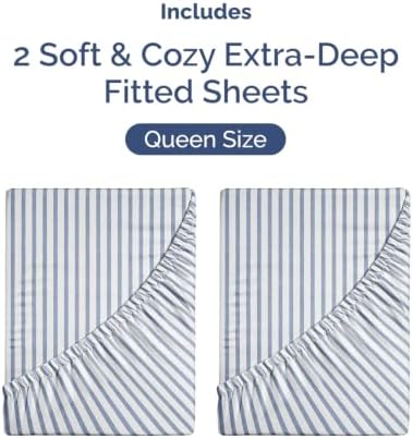 CGK Linens 2 Pack Extra Deep Queen Fitted Sheets - Blue Stripes