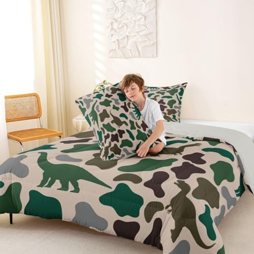 Manfei Army Green Camo Comforter Set Full Size,Dinosaur Camouflage Bedding Set 3pcs,Wild Animals Theme Down Comforter for All Season,Kids Boys Girls Room Decor,2 Pillowcases,No Sheets