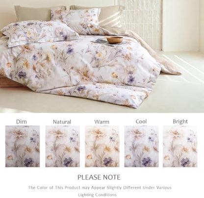 Queen Comforter Set 3 Pieces, 100% Cotton Watercolor Beige Floral Bedding Set for All‑Season, Soft Reversible Comforter with 2 Pillow Shams