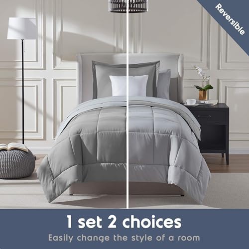 Nestl 7 Piece Twin Comforter Set – Grey Reversible Bed in a Bag – Complete Twin Size Bedding Set with Sheets, Set of 2 Down Alternative Pillows, Pillowcase and Sham