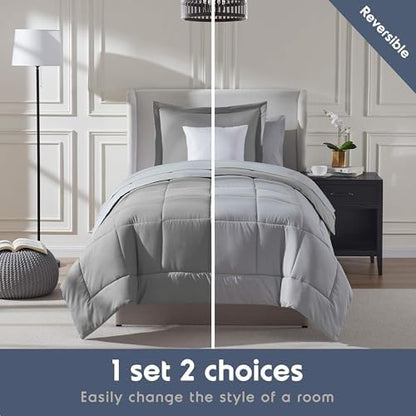 Nestl 7 Piece Twin Comforter Set – Grey Reversible Bed in a Bag – Complete Twin Size Bedding Set with Sheets, Set of 2 Down Alternative Pillows, Pillowcase and Sham
