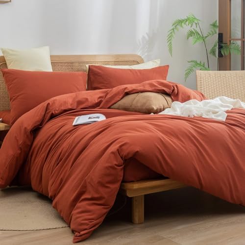 BESTOUCH Cotton Solid Duvet Cover Set Burnt Brick Red Alaska King