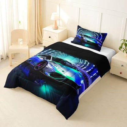 Feelyou Boys Sports Car Bedding Set Soft for Boys Girls, Speed Sports Comforter Set Toddler Size Blue Racing Car Duvet Quilt Microfiber Extreme Sports Bedroom Decor 2 Pcs with 1 Pillow Cases