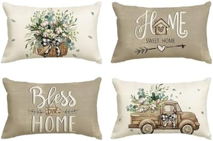 AVOIN Colorlife Bless Our Home Farmhouse Eucalyptus Leaves Throw Pillow Covers, 12 x 20 Inch Truck Sweet Home Cushion Case Decorations Set of 4
