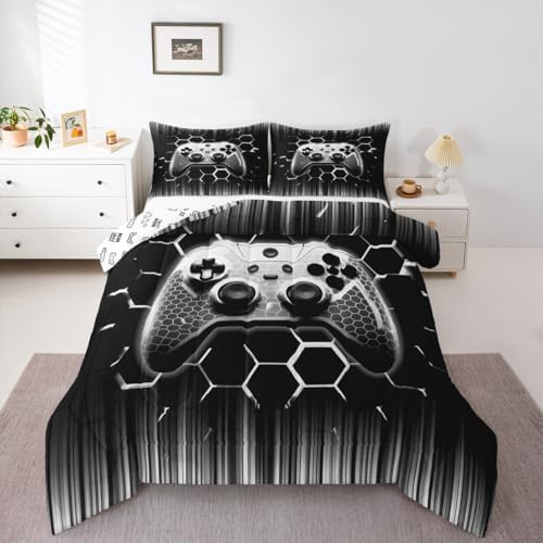 Manfei Videogames Reversible Comforter Set Twin Size, Geometric Honeycomb Gameapd Down Comforter with 1 Pillowcase, Modern Gamer Bedding Set 2pcs for Kids Boys Room Decor Gaming Duvet Insert