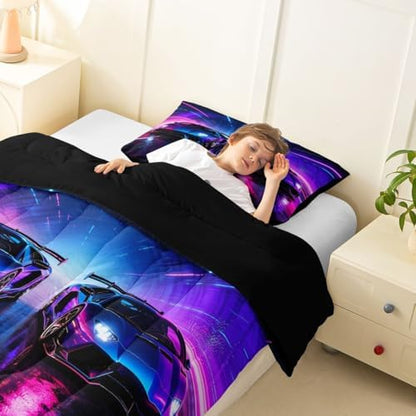 Feelyou Boys Race Car Comforter Set All Season Pink Racing Car Bedding Set with 1 Pillow Cases Speed Sports Microfiber Kids Toddler Bedclothes Bedroom Decor Duvet Quilt Breathable Soft Lightweight