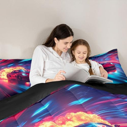 Erosebridal Red Racing Car 3 Piece Bedding Set King Size Extreme Sport Comforter Sets for Boys Kids Teen Girls Toddler Race Car Bed Set with Flame Design,Comfortable and Soft,Blue Black Red