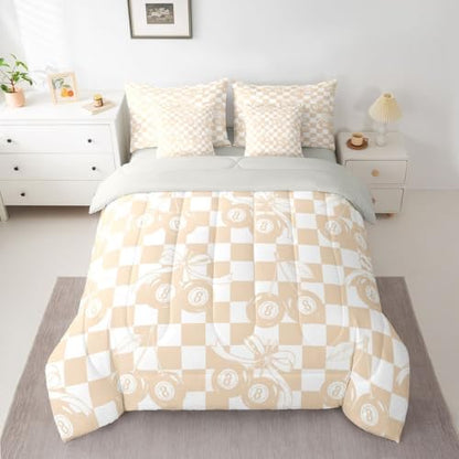 Lucky 8 Ball Comforter Set Full Size,Girly Fashion Y2K 7 Piece Bedding Set For Kids Boys Girls,Coquette Cherry Bow Bed In A Bag With Sheets For Preppy Room Decor,Beige White Checkerboard Plaid Bed Set
