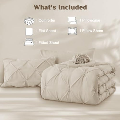 JOLLYVOGUE Twin Comforter Set 5 Pieces - Bed in a Bag Twin for All Season, Pintuck Bedding Comforter Sets with Comforter, Flat Sheet, Fitted Sheet and Pillowcases & Shams, Linen