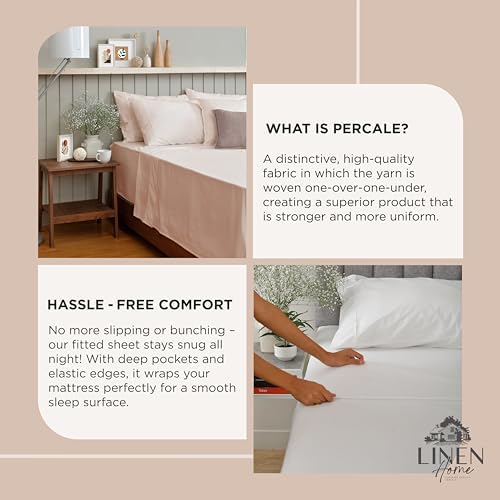 Linen Home 100% Cotton Percale Fitted Sheet only, Full Size, Sand Shell