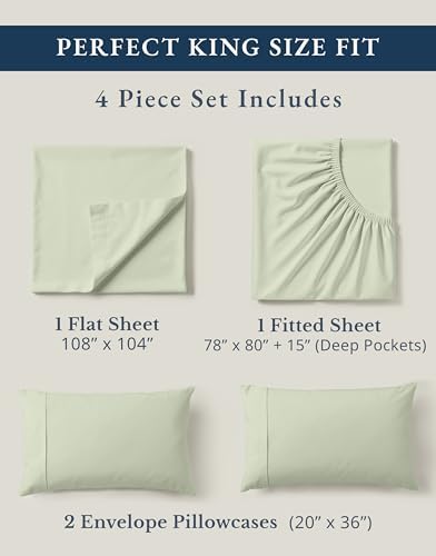 LANE LINEN 100% Organic Cotton King Bed Sheet Set, Bedsheets 4Pc Soft Cooling Fully Elasticized Mercerised All Season Sustainably Produced Cotton Sheets King Size, Oeko Tex Sheets - Mineral