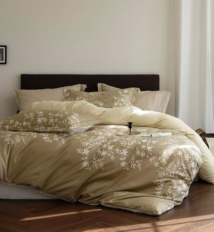 Comforter Queen Size - 100% Cotton Gradient Mustard Yellow Floral Reversible Comforter Set, Luxury and Breathable Bedding Set for All Season, 3 Pieces, 90"x90"