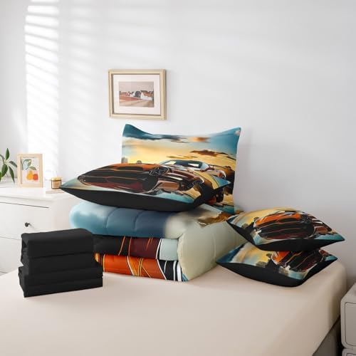 Feelyou Speed Sports Car Comforter Set with Sheets Full Size Kids Race Car 7 Pieces Bedding Set for Boys Girls Teens Racing Car Bed in a Bag Breathable Extreme Sports Bed Set Automobile