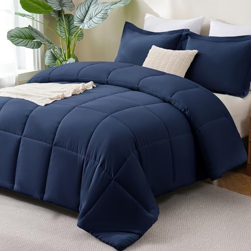 CozyLux Oversized King Comforter Set, 3-Piece Box-Stitched, Navy Blue