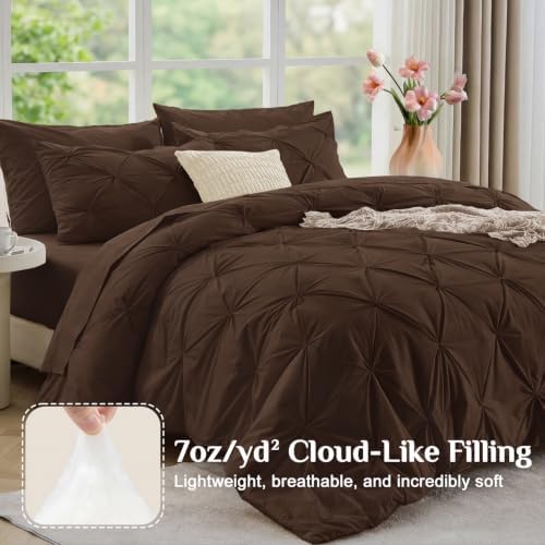 JOLLYVOGUE Queen Comforter Set 7 Pieces - Bed in a Bag Queen for All Season, Pintuck Bedding Comforter Sets with Comforter, Flat Sheet, Fitted Sheet and Pillowcases & Shams, Dark Brown