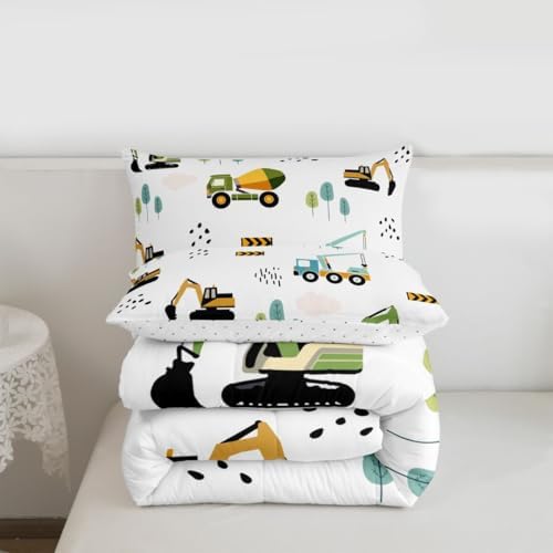 Feelyou Excavator Kids Comforter Construction Trucks Comforter Set for Boys Teens Heavy Vehicles Decor Bedding Set Cartoon Cars Green Orange Quilt Set with 2 Pillowcases 3Pcs Bedding King