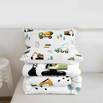 Feelyou Excavator Kids Comforter Construction Trucks Comforter Set for Boys Teens Heavy Vehicles Decor Bedding Set Cartoon Cars Green Orange Quilt with 2 Pillowcases 3Pcs Bedding Full Boys