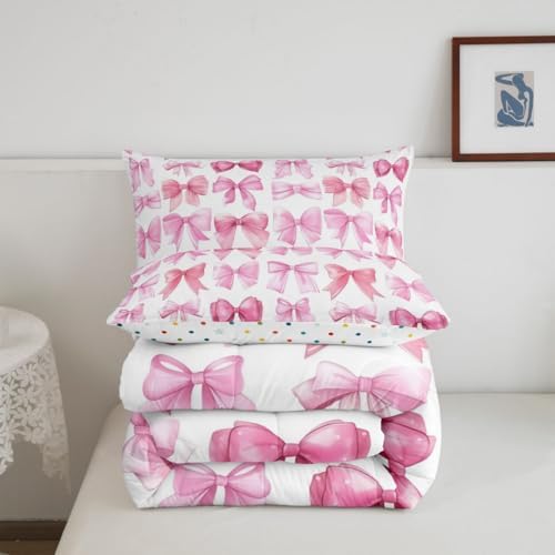 Feelyou Pink Bow Bedding Set for Kids Girls Woman Full Size Bowknot Comforter Set Ultra Soft Cute Coquette Bow Knot Comforter Bow Pattern Duvet Quilt Bedroom Decor Bow Decor Quilt