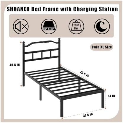 SHOANED Metal Bed Frame with Headboard - 14 Inch Twin XL Size Heavy Duty Bedframe with Charging Station Black Basic Steel Slats Platform No Box Spring Needed/Noise Free