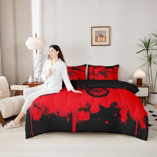 Erosebridal Dirt Bike Queen Comforter Set 7 Pieces, Motocross Rider Bed in A Bag for Bedroom, Motorcycle Game Bedding Set with Comforters, Sheets, Pillowcases Motorbike Extreme Sport Bedroom Decor