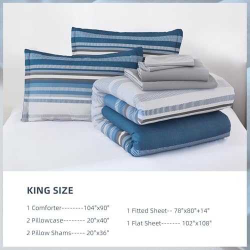 Dobuyly Grayish Blue King Size Comforter Set 7 Piece, Boho Striped Bed in a Bag Soft Microfiber All Season, Blue and Grey Bedding Set with Comforter, Sheets, Pillowcases & Shams