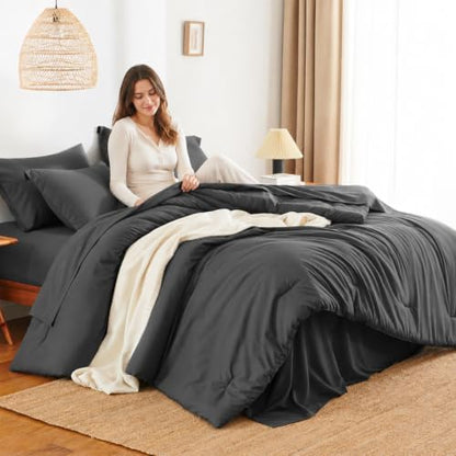 HIMEET Oversized King Comforter Sets, 7-Piece Point-Quilted, Dark Grey