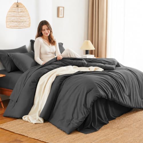 HIMEET King Comforter Set, 7-Piece Point-Quilted Bed in a Bag, Dark Grey