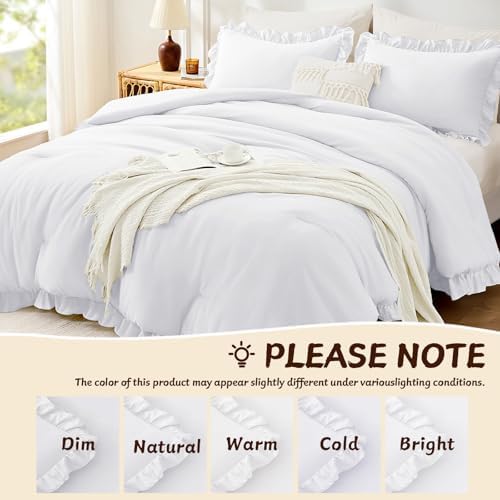 FUANNA Full Size Comforter Sets, Ruffle Bedding Set, 3 Piece Bed Set, White