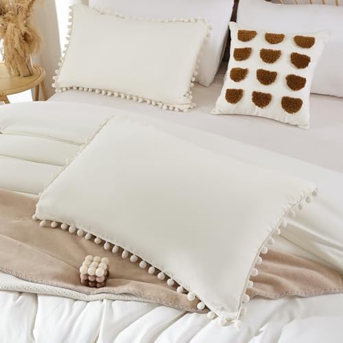 YIRDDEO Full Ivory Microfiber Comforter Set, 3pcs Boho Ball Pom Fringe Design Bedding Set (1 Comforter, 2 Pillowcases)