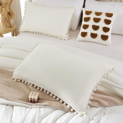 YIRDDEO Full Ivory Microfiber Comforter Set, 3pcs Boho Ball Pom Fringe Design Bedding Set (1 Comforter, 2 Pillowcases)