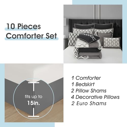 LANCO MODERN LIFESTYLE California King Comforter Set, Black, 10 Piece Bed in a Bag for All Seasons, Luxury Extreme Comfort Bedding Sets with Bedskirt, Pillow Shams, Euro Shams and Decor Pillows