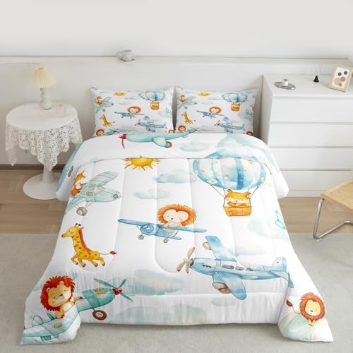 Erosebridal Cute Airplane Bedding Set Toddler, Cartoon Aircraft Comforter Set, Lovely Lion Giraffe Hamster Wild Animals Comforter, White Cloud Quilt for Boys Kids Girls Teens Adults Bedroom