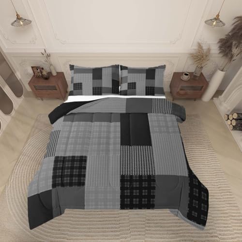 jejeloiu Plaid Kids Comforter Set King Size Farmhouse Patchwork Bedding Set Check Checkered Duvet Quilt for Kids Boys Girls Bedroom Rustic Lodge Cabin Decor Microfiber Ultra Soft Breathable