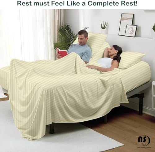 NON Sticky cotton Adjustable Split King Sheet Set for Sleep Number Beds, Premium 100% Long Staple Cotton Bedding, Two Twin XL 39" X 80" Fitted Sheets Fits Up to 18" Deep Mattress, Ivory Stripe